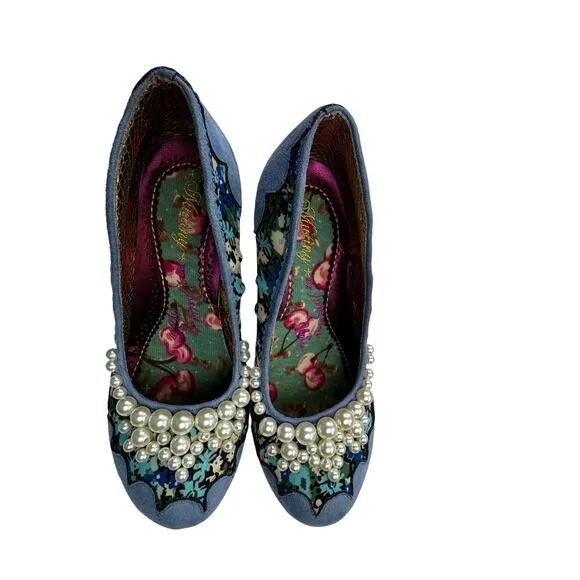 Irregular Choice Blue Suede Floral Pearl Detail Pinup Retro Pumps Women's 9