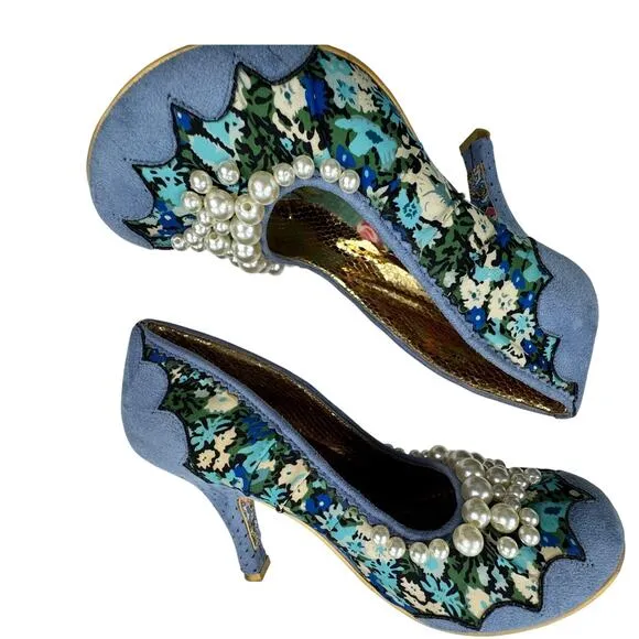 Irregular Choice Blue Suede Floral Pearl Detail Pinup Retro Pumps Women's 9