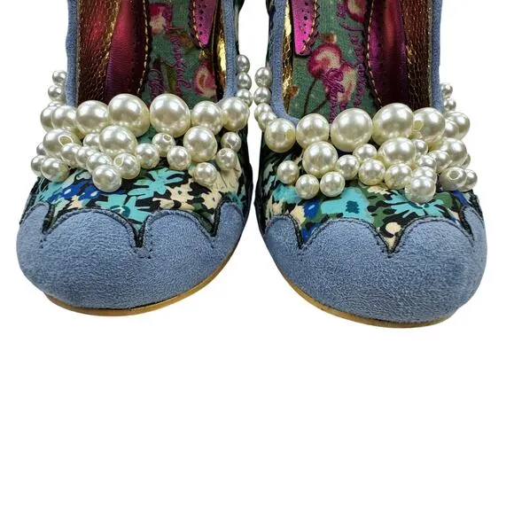 Irregular Choice Blue Suede Floral Pearl Detail Pinup Retro Pumps Women's 9