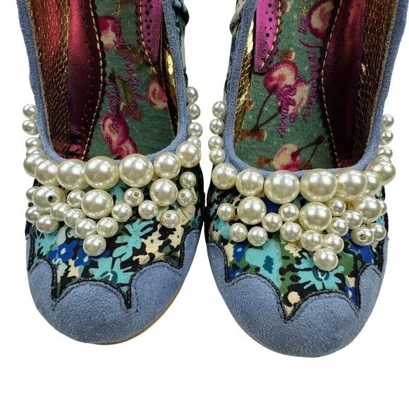 Irregular Choice Blue Suede Floral Pearl Detail Pinup Retro Pumps Women's 9