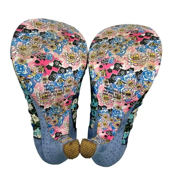 Irregular Choice Blue Suede Floral Pearl Detail Pinup Retro Pumps Women's 9