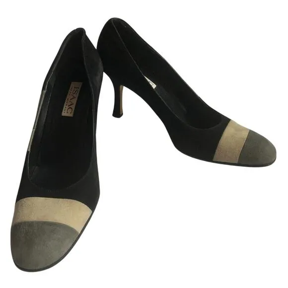 Isaac Mizrahi Black Cream Grey Color-block Suede Heel Shoes Women's 9.5