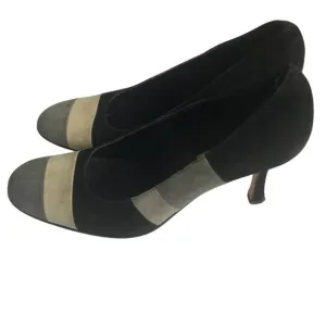 Isaac Mizrahi Black Cream Grey Color-block Suede Heel Shoes Women's 9.5