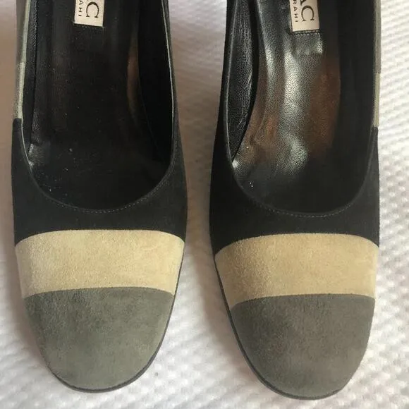 Isaac Mizrahi Black Cream Grey Color-block Suede Heel Shoes Women's 9.5