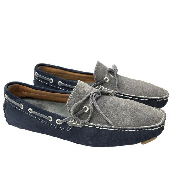 J &amp; M Blue and Gray Suede Leather Driving Loafers Moccasins Slip On Shoe Sz 10