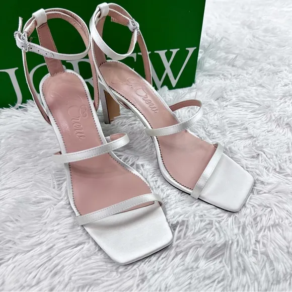 J Crew Ava strappy glitter heels in satin in white bridal shoes