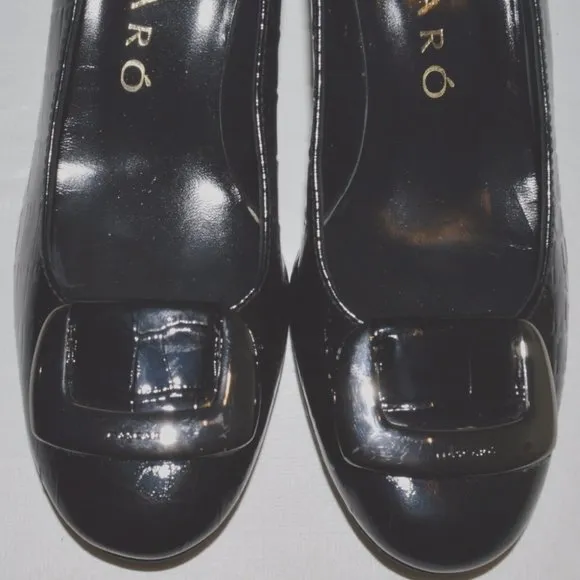 JAMIE MASCARO SIZE 6.5 7 M 37 BLACK SNAKE PRINT PATENT LEATHER PUMPS HEELS SHOES