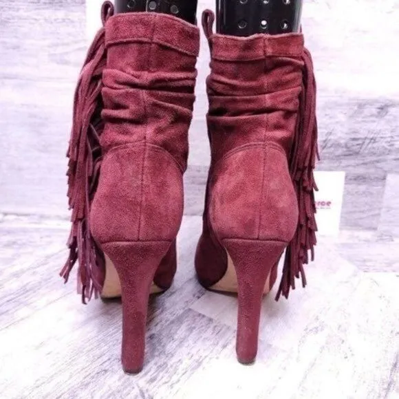 Jean Michel Cazabat Pampa Suede Fringe Scrunch Ankle Boot Burgundy sz 37.5