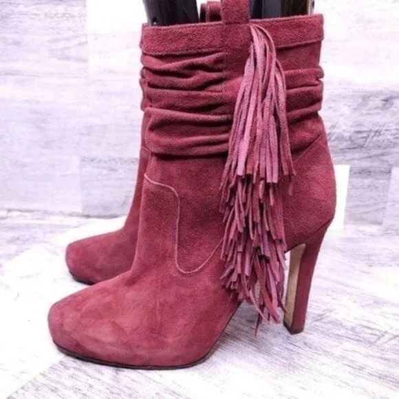 Jean Michel Cazabat Pampa Suede Fringe Scrunch Ankle Boot Burgundy sz 37.5