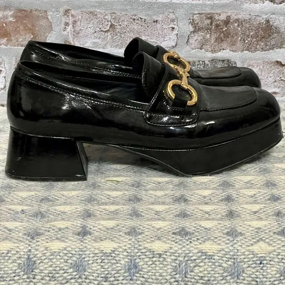 Jeffrey Campbell Black Patent Leather Platform Loafers Gold Horse-bit Detail 8.5