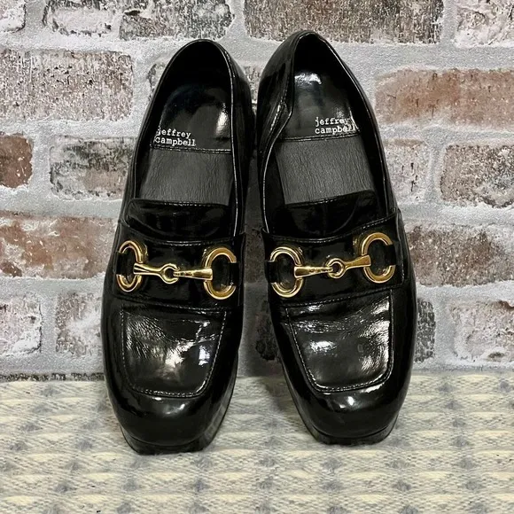Jeffrey Campbell Black Patent Leather Platform Loafers Gold Horse-bit Detail 8.5