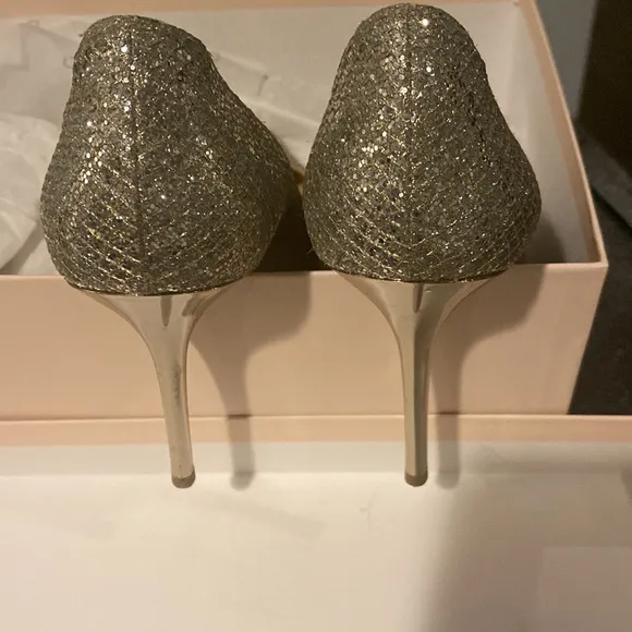 Jimmy Choo glitter fabric champagne pumps with gorgeous mirror heel