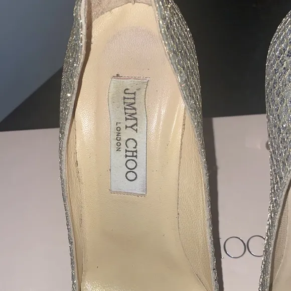 Jimmy Choo glitter fabric champagne pumps with gorgeous mirror heel