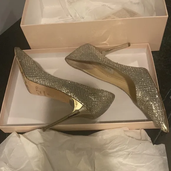 Jimmy Choo glitter fabric champagne pumps with gorgeous mirror heel