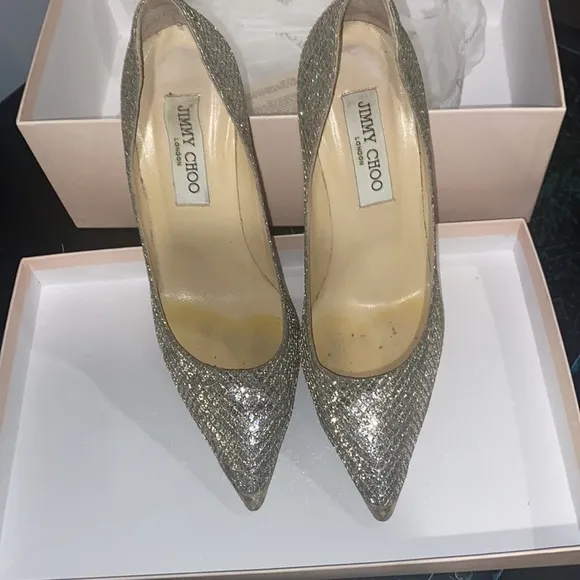 Jimmy Choo glitter fabric champagne pumps with gorgeous mirror heel