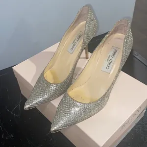 Jimmy Choo glitter fabric champagne pumps with gorgeous mirror heel