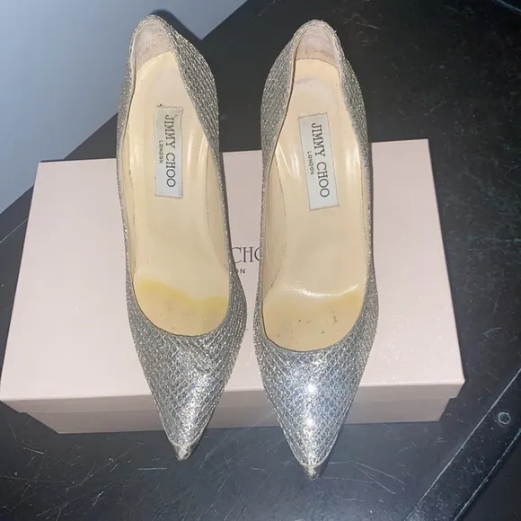 Jimmy Choo glitter fabric champagne pumps with gorgeous mirror heel