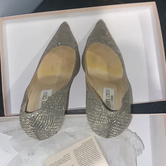 Jimmy Choo glitter fabric champagne pumps with gorgeous mirror heel