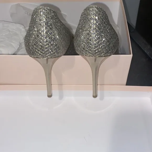 Jimmy Choo glitter fabric champagne pumps with gorgeous mirror heel
