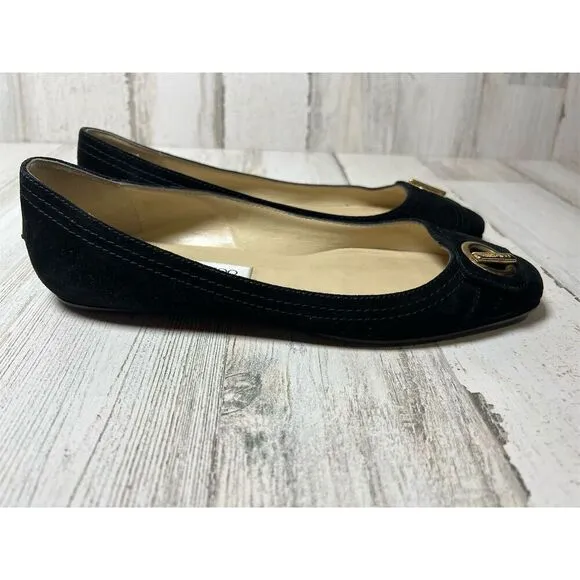 Jimmy Choo Women's Black Suede Flats Size 9.5 Gold Detail Casual Shoes