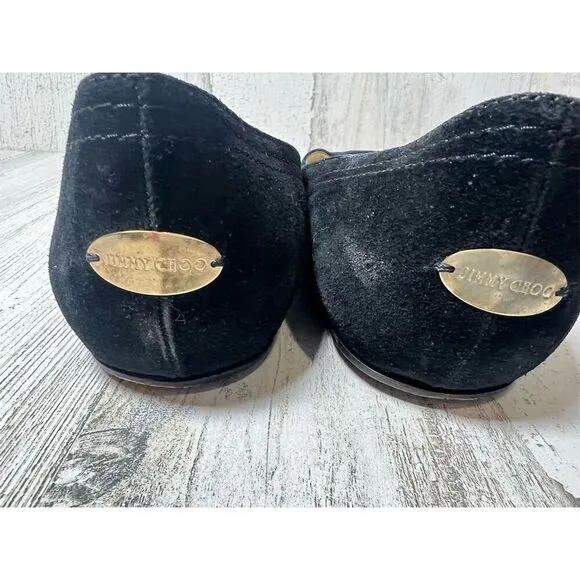 Jimmy Choo Women's Black Suede Flats Size 9.5 Gold Detail Casual Shoes