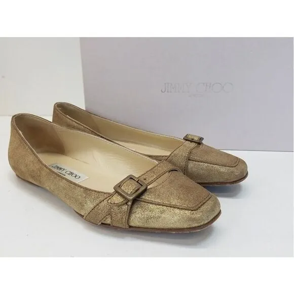 JIMMY CHOO 6.5 Metallic Gold Coarse Suede Loafers Shoes