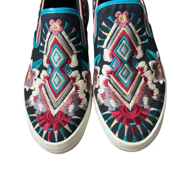 Johnny Was Hutton Embroidered Slip-On Sneakers Black/Blue Sz EU 40/ US 9