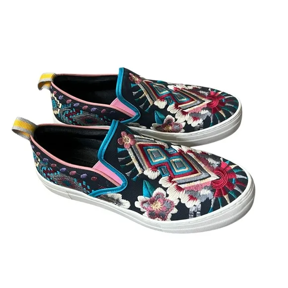 Johnny Was Hutton Embroidered Slip-On Sneakers Black/Blue Sz EU 40/ US 9