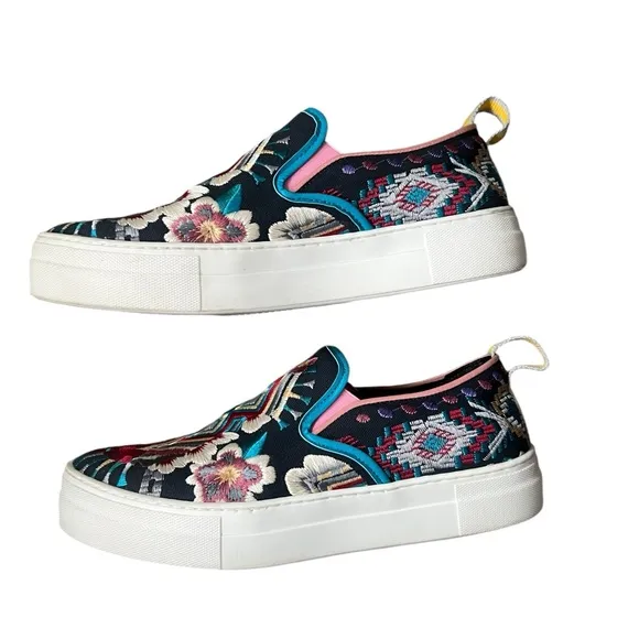 Johnny Was Hutton Embroidered Slip-On Sneakers Black/Blue Sz EU 40/ US 9