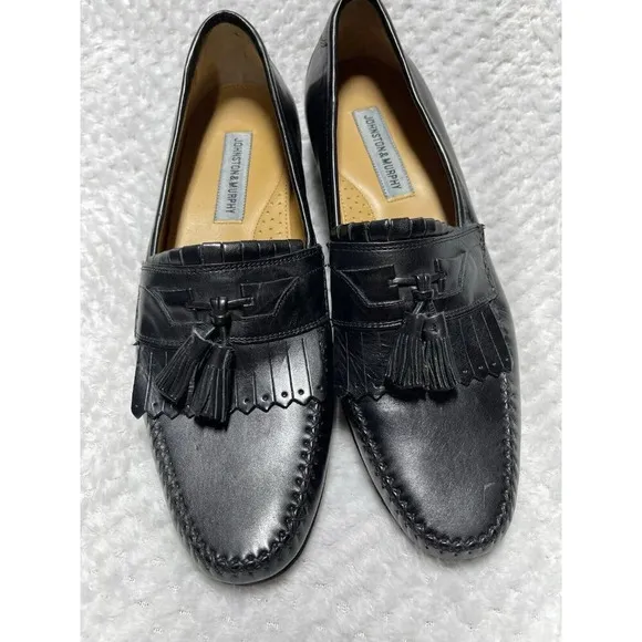 Johnston &amp; Murphy Black Leather Tassel Loafer Kiltie Shoe Size 11 N Excellent
