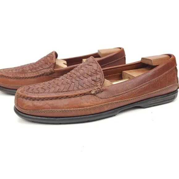 Johnston &amp; Murphy Passport Shoes Loafers Wicker Woven Men's 13 Brown Leather