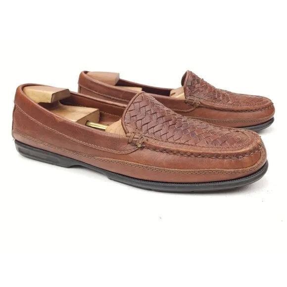 Johnston &amp; Murphy Passport Shoes Loafers Wicker Woven Men's 13 Brown Leather