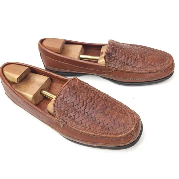 Johnston &amp; Murphy Passport Shoes Loafers Wicker Woven Men's 13 Brown Leather