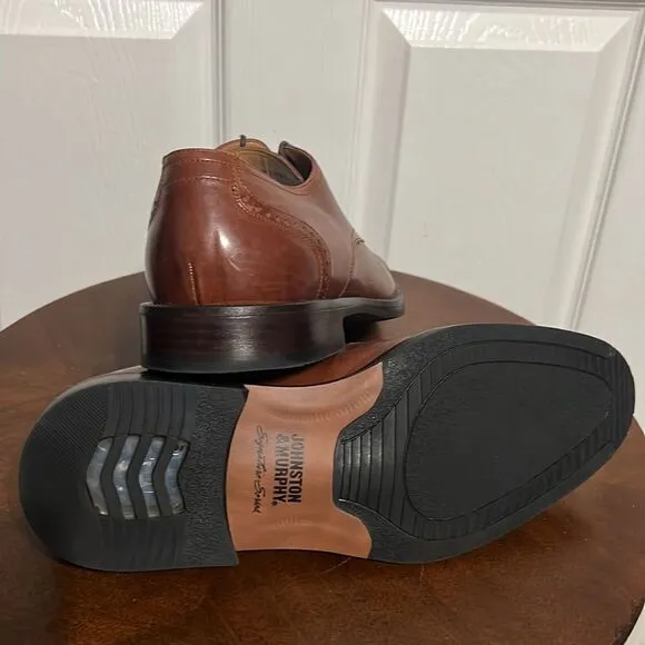 🔥JOHNSTON &amp; MURPHY Signature Series Sheepskin Capped Toe Oxford Brown Shoes 8.5