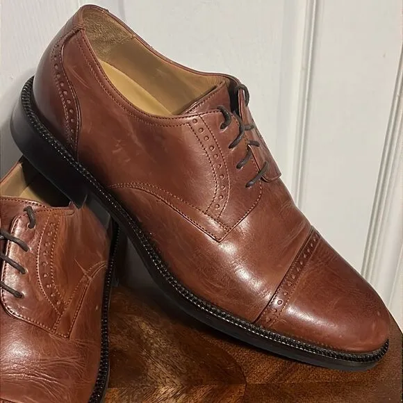 🔥JOHNSTON &amp; MURPHY Signature Series Sheepskin Capped Toe Oxford Brown Shoes 8.5