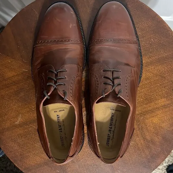 🔥JOHNSTON &amp; MURPHY Signature Series Sheepskin Capped Toe Oxford Brown Shoes 8.5