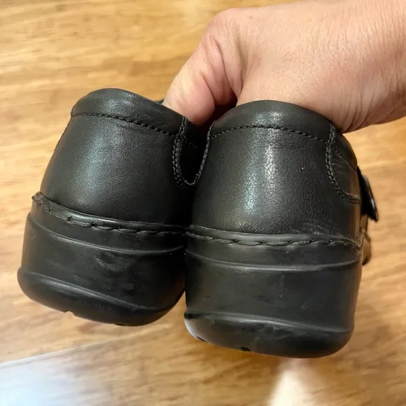 Josef Seibel Black Leather Loafers w/ velcro strap silver buckle square toe. 11