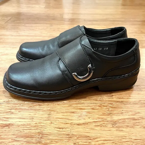 Josef Seibel Black Leather Loafers w/ velcro strap silver buckle square toe. 11
