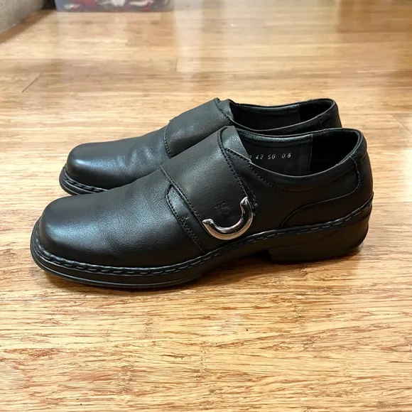 Josef Seibel Black Leather Loafers w/ velcro strap silver buckle square toe. 11