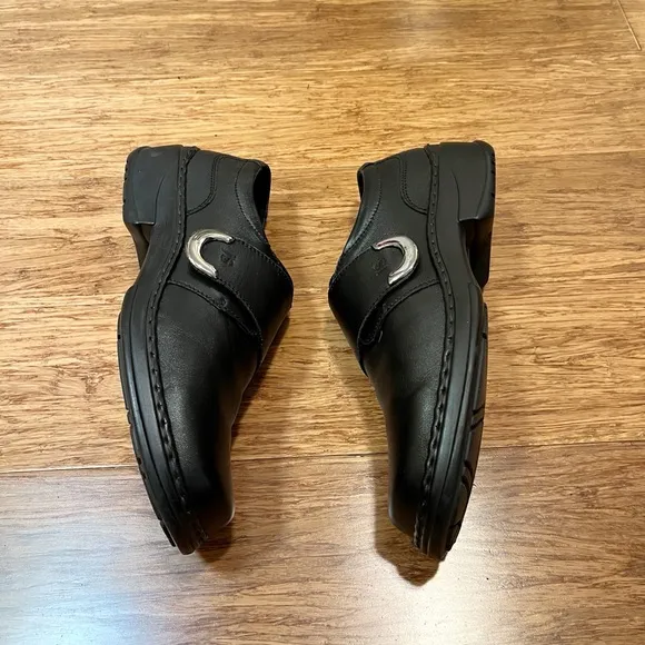 Josef Seibel Black Leather Loafers w/ velcro strap silver buckle square toe. 11
