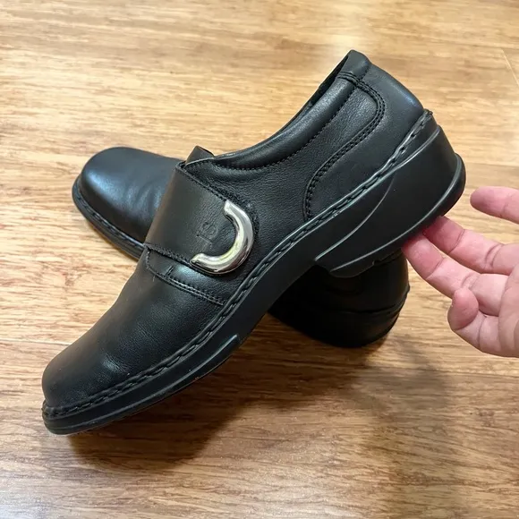 Josef Seibel Black Leather Loafers w/ velcro strap silver buckle square toe. 11