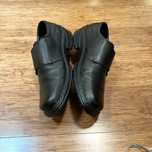 Josef Seibel Black Leather Loafers w/ velcro strap silver buckle square toe. 11