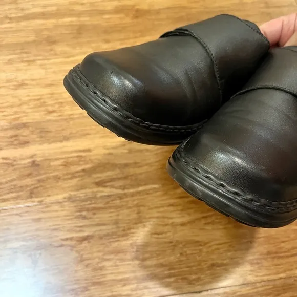 Josef Seibel Black Leather Loafers w/ velcro strap silver buckle square toe. 11