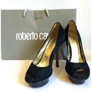 Just Cavalli Women's Shoes Suede Pump Open Toe Heels Black EU 39 US 9 Authentic