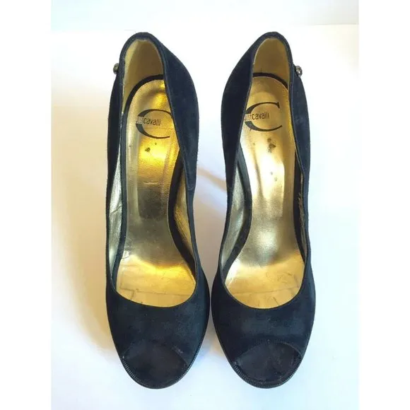Just Cavalli Women's Shoes Suede Pump Open Toe Heels Black EU 39 US 9 Authentic