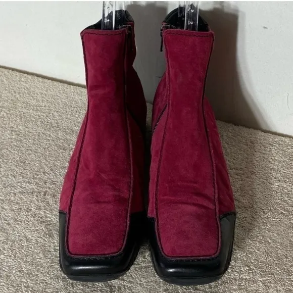 K Shoes Deep Red Suede Square Toe Ankle Boots Booties UK6