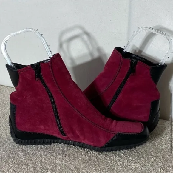 K Shoes Deep Red Suede Square Toe Ankle Boots Booties UK6