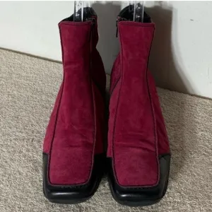 K Shoes Deep Red Suede Square Toe Ankle Boots Booties UK6