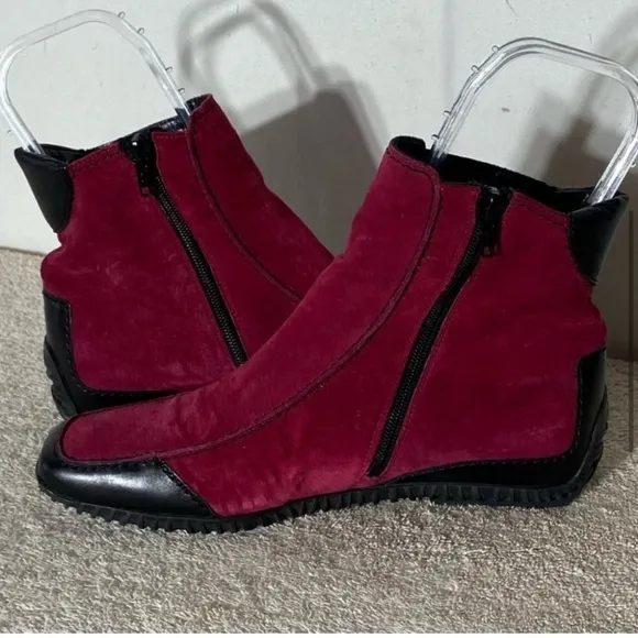 K Shoes Deep Red Suede Square Toe Ankle Boots Booties UK6