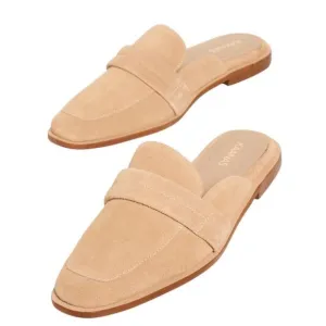 Kaanas Tan Cogno Suede Square Toe Slip On Mules